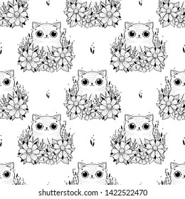 Coloring page with pattern of cartoon cats with abstract flowers. Coloring book for adults and children.