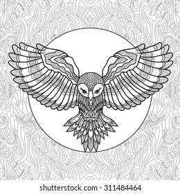 Coloring page with pattern and  flying owl zentangle style.