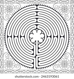 Coloring Page Pattern - Labyrinth Cathedral of Chartres Illustration Vector, Symbolism Meditation History, Floral Motif, Sacred Geometry Square Format