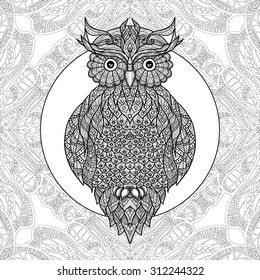 Coloring page with pattern and owl in zentangle style