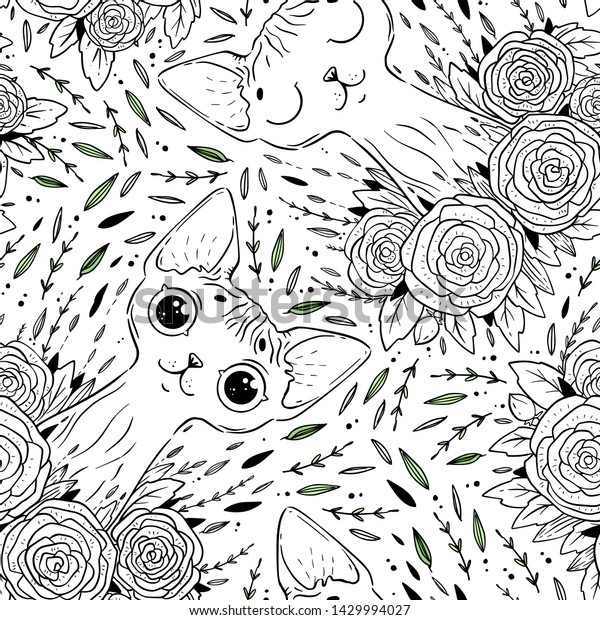 Coloring Page Pattern Sphynx Cats Roses Stock Vector Royalty