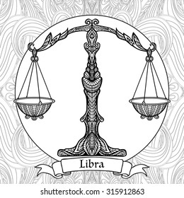 Coloring Page with pattern and zodiac sign Libra in zentangle style