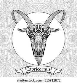 Coloring Page with pattern and zodiac sign Capricornus in zentangle style