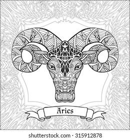 Coloring Page with pattern and zodiac sign Aries in zentangle style