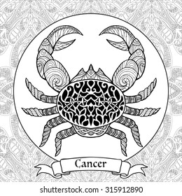 Coloring Page with pattern and zodiac sign Cancer in zentangle style