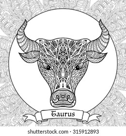 Coloring Page with pattern and zodiac sign Taurus in zentangle style