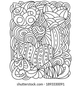 Coloring page with patterns and hearts for Valentine's day, abstract anti stress drawing vector illustration