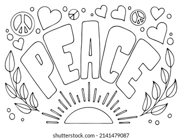 Coloring page Peace. Laurel branch, sunrise, symbols of peace, kindness and love. Hand drawn vector line art illustration. Coloring book for children and adults. Black and white sketch. Pacifist sign.