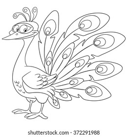 Coloring page of peacock bird. Colouring book for kids and children. Cartoon vector illustration.