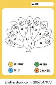 Coloring page with Peacock. Color by numbers educational children game, drawing kids activity. Animals theme. Illustration and vector outline - A4 paper ready to print.