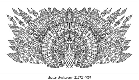 Coloring page with a peacock. Vector illustration in a line style