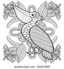 Coloring page with Pelican in hibiskus flowers, zentangle illustartion for adult Coloring books or tattoos with high details isolated on white background. Vector monochrome bird sketch.