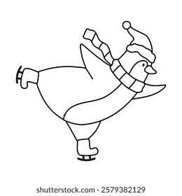 A coloring page with a penguin wearing a hat, a striped scarf and ice skates. A black and white Christmas character ice skating. Isolated on white.