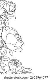 Coloring page with peonies, can be used as a greeting card or other print. Free space for text.
