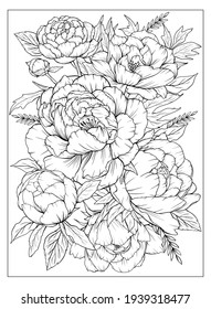 Coloring page with peonies and leaves. Vector page for coloring. Flower Colouring page. Floral print. Outline peonies. Black and white page for coloring book. 