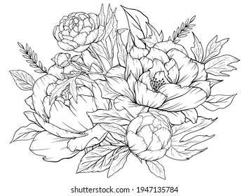 Coloring page with peonies and leaves. Vector page for coloring. Flower Colouring page. Floral print. Outline peonies. Black and white page for coloring book.	
