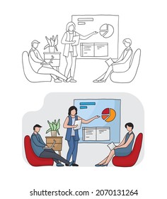 Farbseite der Menschen-Präsentation. Präsentationspersonen mit handgezeichnetem Stil. Design des Präsentationssymbols.