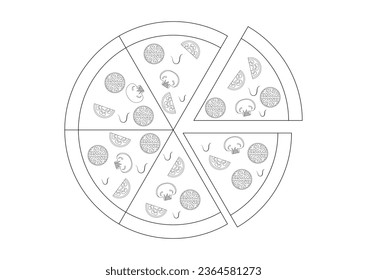 Coloring Page of a Pepperoni Cheese Pizza Flat Design