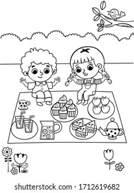 Coloring page in picnic theme. Leisure time activity for kids.