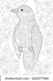 Coloring page. Coloring picture of beautiful bird among flowers. Line art design for adult colouring book with doodle and zentangle elements.