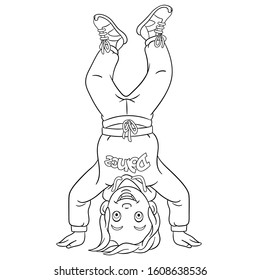 Coloring page. Coloring picture of cartoon b-boy dancing, young break dancer. Childish design for kids activity colouring book about people professions.