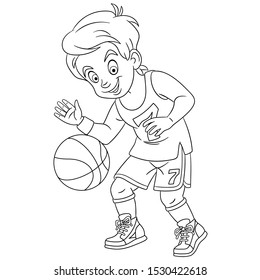 Coloring page. Coloring picture. Cartoon boy playing basketball. Childish design for kids activity colouring book about people professions.