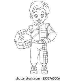 Coloring page. Coloring picture of cartoon boy auto car racer. Childish design for kids activity colouring book about people professions.
