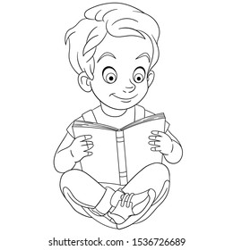 Coloring page. Coloring picture of cartoon boy reading. Childish design for kids activity colouring book about school life.