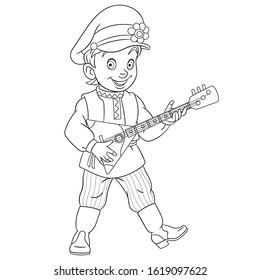 Coloring page. Coloring picture of cartoon boy playing balalaika - national Russian musical instrument. Childish design for kids activity colouring book about people professions.