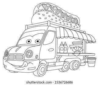 Coloring page. Coloring picture of cartoon food truck with emoji face. Childish design for kids activity colouring book about classic vehicles.