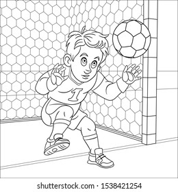 Coloring page. Coloring picture of cartoon football goalkeeper, boy trying to catch a ball. Childish design for kids activity colouring book about people professions.