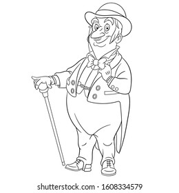 Coloring page. Coloring picture of cartoon gentleman, elegant man. Childish design for kids activity colouring book about people professions.