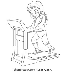 Coloring page. Coloring picture of cartoon girl running on treadmill in a gym. Childish design for kids activity colouring book about people professions.