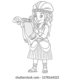 Coloring page. Coloring picture of cartoon girl playing harp. Childish design for kids activity colouring book about people professions.