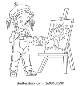 Coloring page. Coloring picture of cartoon girl drawing, young painting artist. Childish design for kids activity colouring book about people professions.