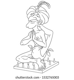 Coloring page. Coloring picture of cartoon Hindu yogi man meditating on a board with nails in a yoga pose. Childish design for kids activity colouring book about people professions.