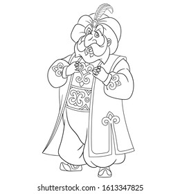 Coloring page. Coloring picture of cartoon indian rich man. Childish design for kids activity colouring book about worldwide people.