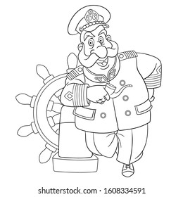 Coloring page. Coloring picture of cartoon old sailor, ships captain. Childish design for kids activity colouring book about people professions.