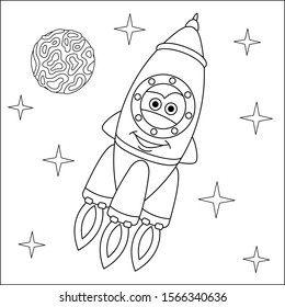 Coloring page. Coloring picture of cartoon rocket ship. Childish design for kids activity colouring book about transport.