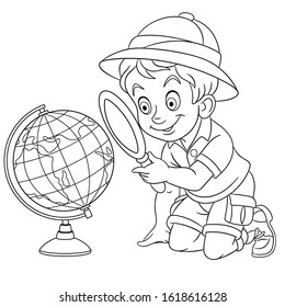 Coloring page. Coloring picture of cartoon schoolboy studying world globe. Childish design for kids activity colouring book about school.