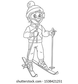 Coloring page. Coloring picture of cartoon skier, boy ski running. Childish design for kids activity colouring book about people professions.
