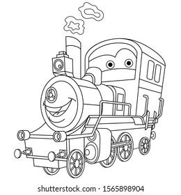 Coloring page. Coloring picture of cartoon steam train locomotive. Childish design for kids activity colouring book about transport.