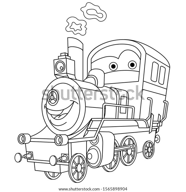 Coloring page. Coloring picture of cartoon\
steam train locomotive. Childish design for kids activity colouring\
book about transport.