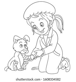 Coloring page. Coloring picture of cartoon vet girl, young veterinarian helping a dog. Childish design for kids activity colouring book about people professions.