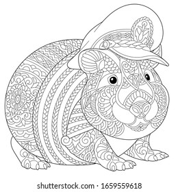 Coloring page. Coloring picture of cute hamster or guinea pig. Line art design for adult colouring book with doodle and zentangle elements.