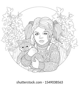 Coloring page. Coloring picture of girl embracing little cat. Line art design for adult colouring book with doodle and zentangle elements.