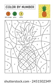 Coloring page with a picture of a pineapple to color by numbers. Puzzle game for children education. Simple coloring for kids