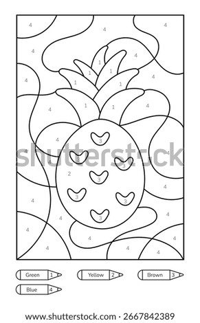 Coloring page with a picture of a pineapple to color by numbers. Puzzle game for children education. Simple coloring for kids