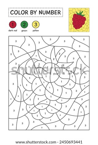Coloring page with a picture of raspberry to color by numbers. Color sheet for children education. Simple coloring for kids