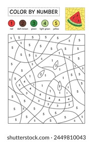 Coloring page with a picture of a slice of watermelon to color by numbers. Puzzle game for children education. Simple coloring for kids